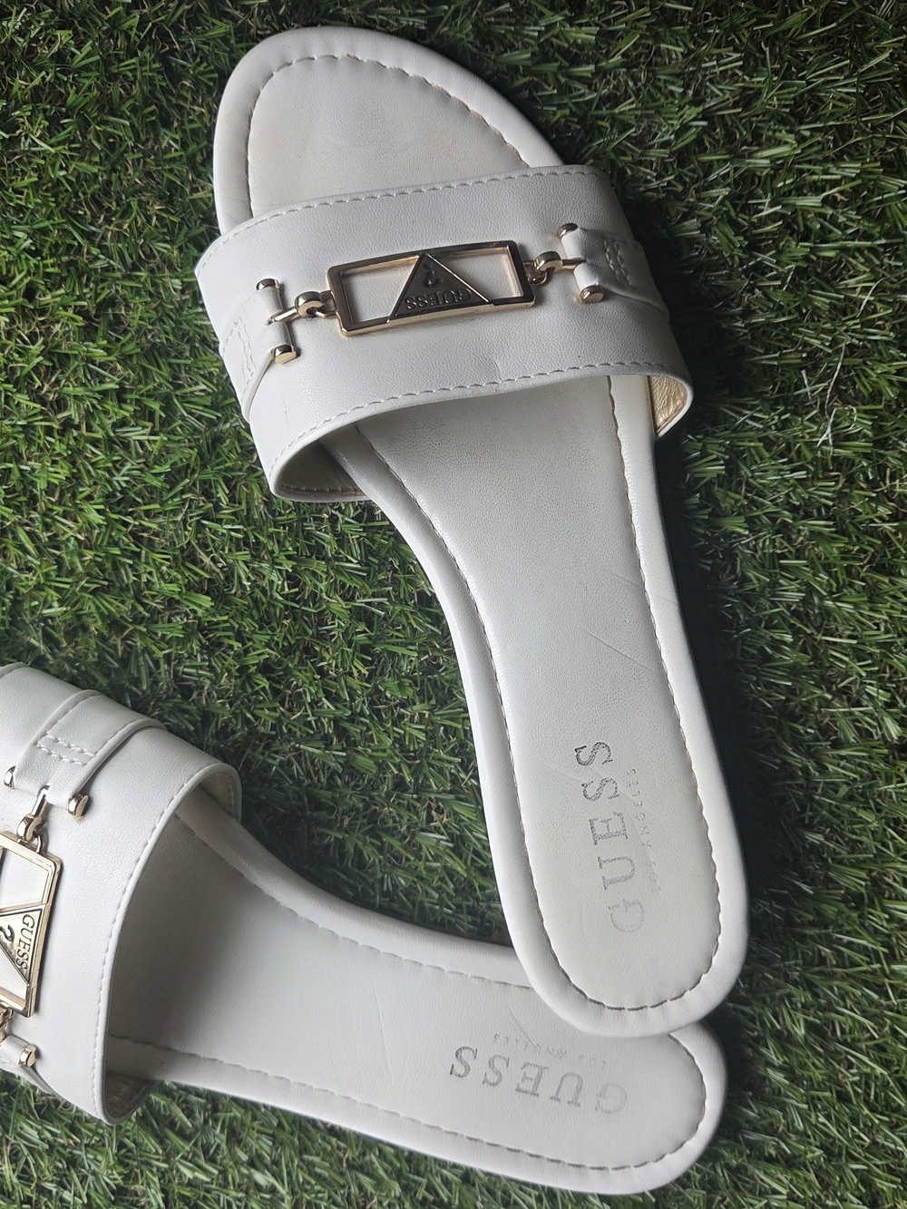 GUESS Cream Slide Sandals with Gold Logo Accent Size 7